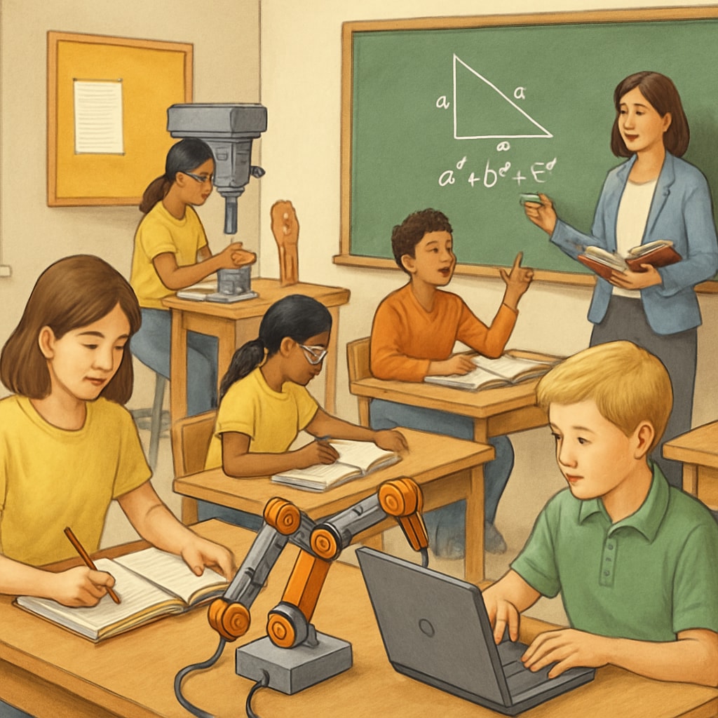A classroom where students are engaged in both technical and traditional academic learning activities, highlighting integration in K12 education. Students learning in an integrated CTE and academic classroom.