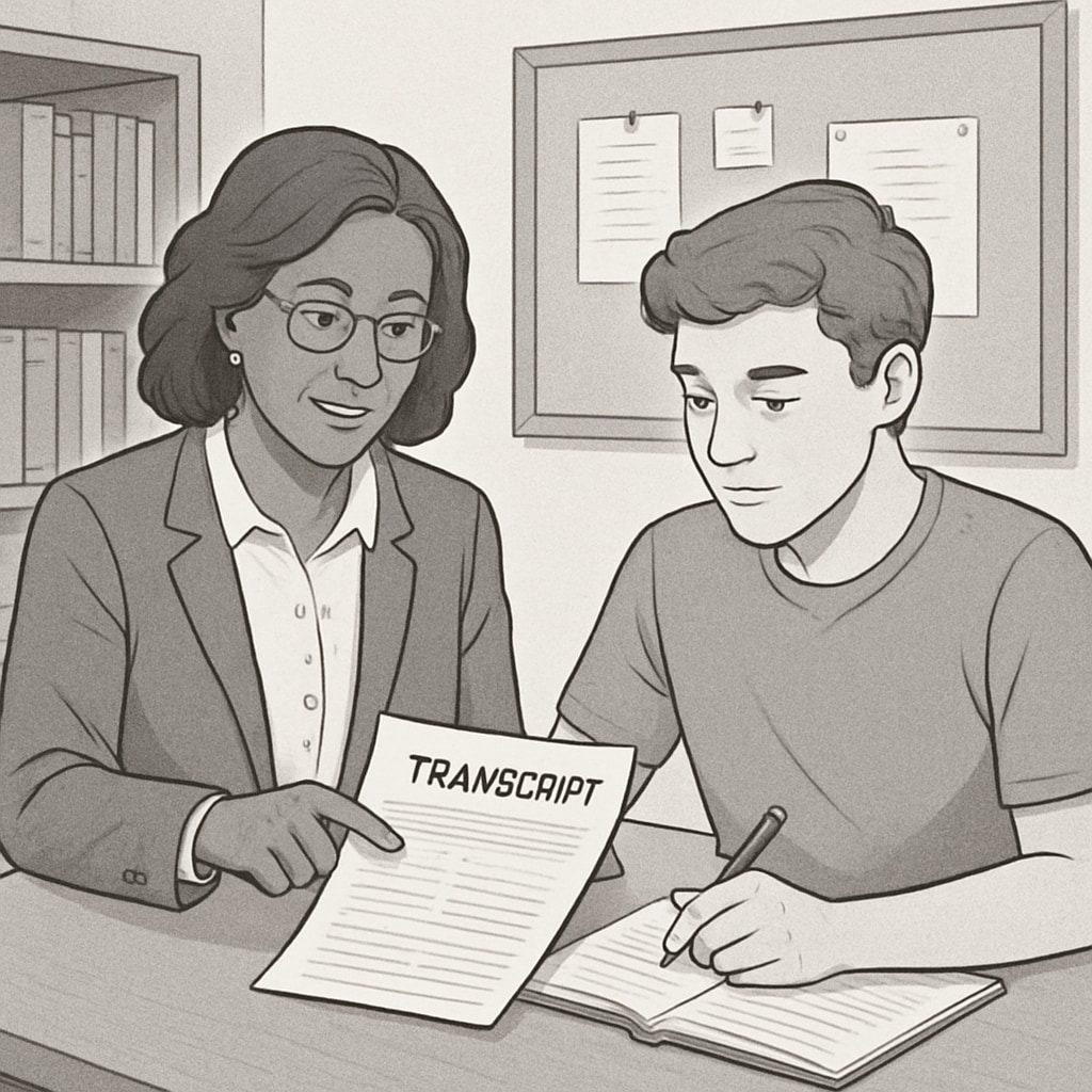 A high school counselor and student reviewing a transcript together to create a credit recovery plan. High school credit recovery plan discussion with a counselor and student.