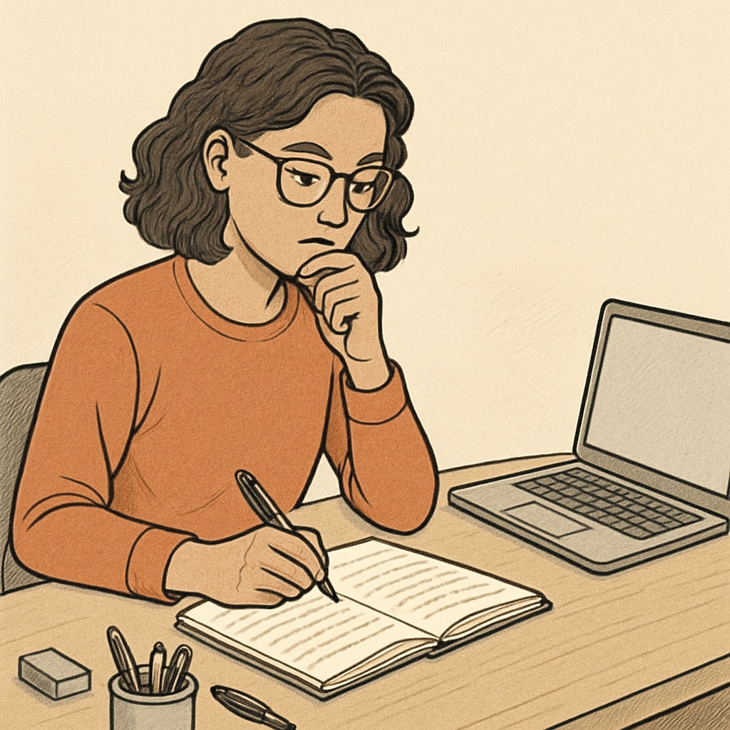 A graduate student preparing questions for a school counselor interview, with a notebook and laptop on a desk. Graduate student preparing for a school counselor interview.