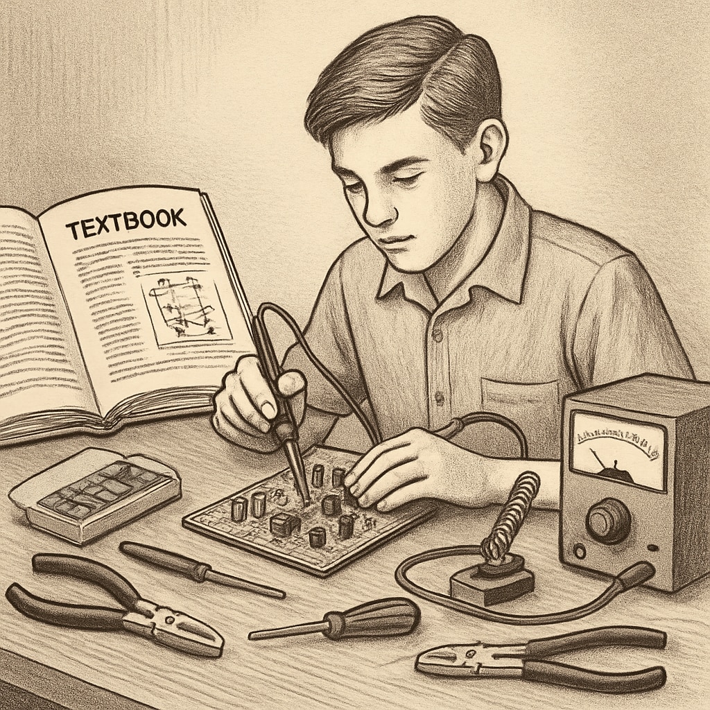 A student participating in a hands-on technical project while referencing a traditional academic textbook, symbolizing the integration of CTE and academics. Student combining technical and academic learning in a project.