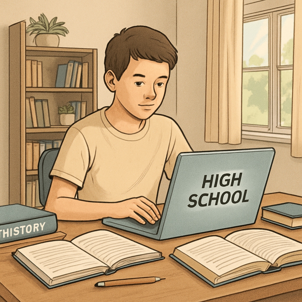 A student studying for an online high school course at home, emphasizing the flexibility of alternative learning. Online learning for high school credit recovery with a focus on flexibility.