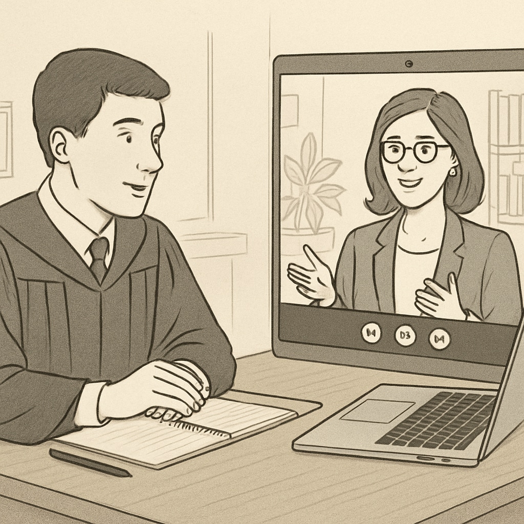A graduate student conducting an online interview with a school counselor, both appearing engaged and professional on a video call. Graduate student interviewing a school counselor online.