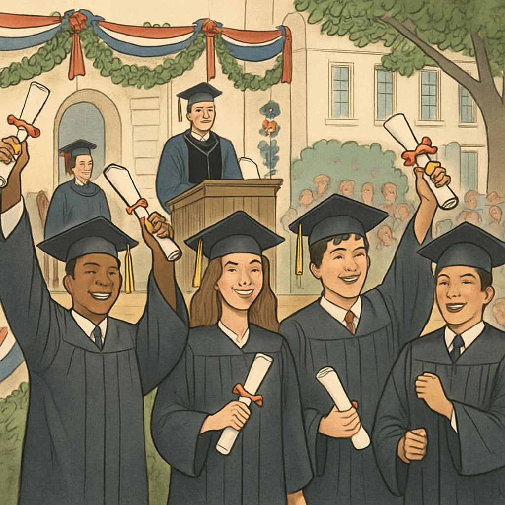 A graduation ceremony at a U.S. university, showcasing diverse students celebrating their achievements. Graduation ceremony at a U.S. university, reflecting success for master's degree students.