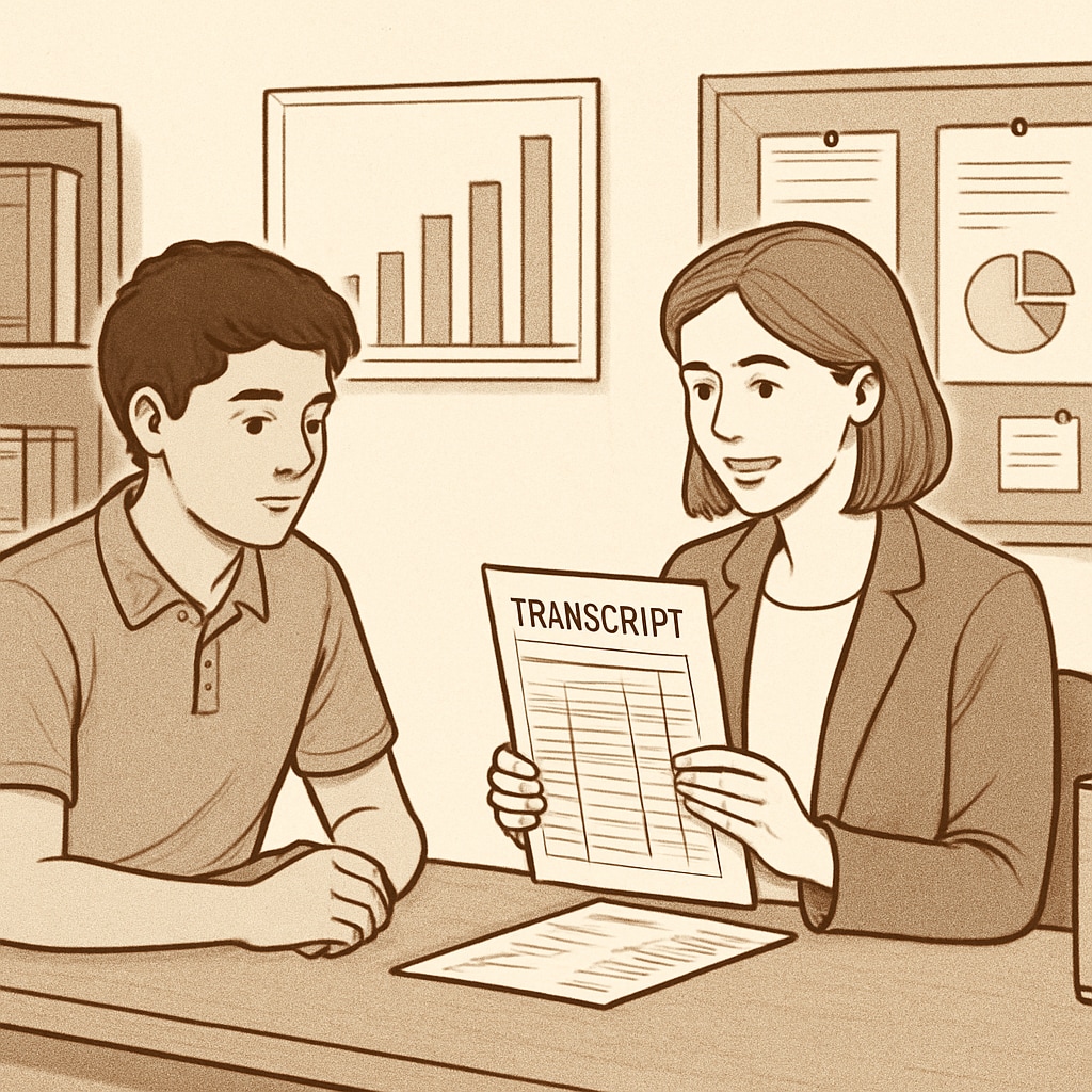 A high school student reviewing their transcript with a counselor, symbolizing the importance of understanding academic status. High school student reviewing transcript with counselor to catch up on credits