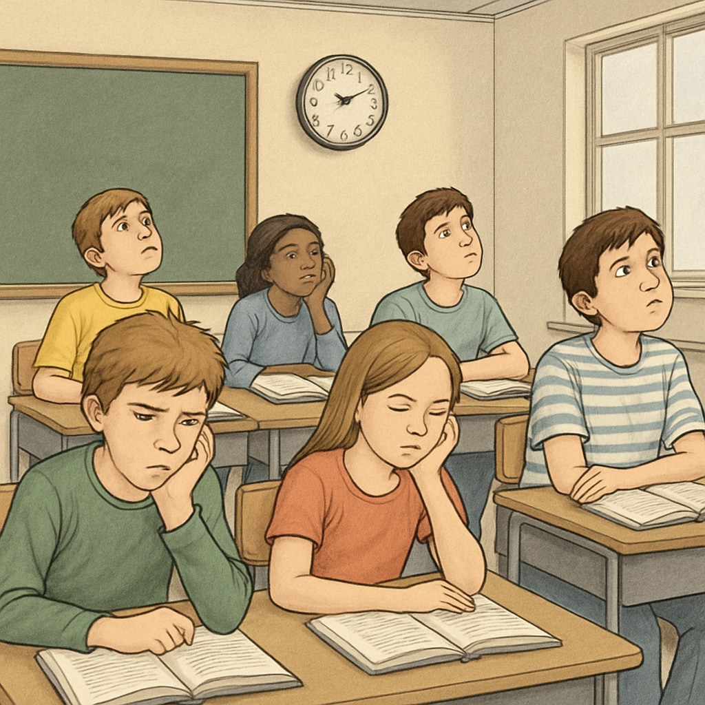 A classroom filled with disinterested students, some looking at the clock, others staring blankly at their books. Bored students in a classroom, emphasizing disengagement in education.