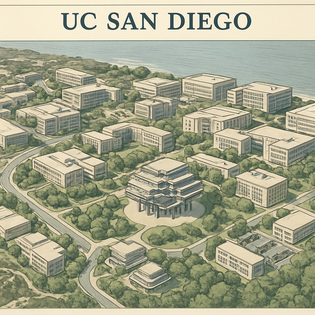 Aerial view of UC San Diego campus, showcasing its expansive layout and academic buildings. UC San Diego campus showcasing its layout and academic buildings.