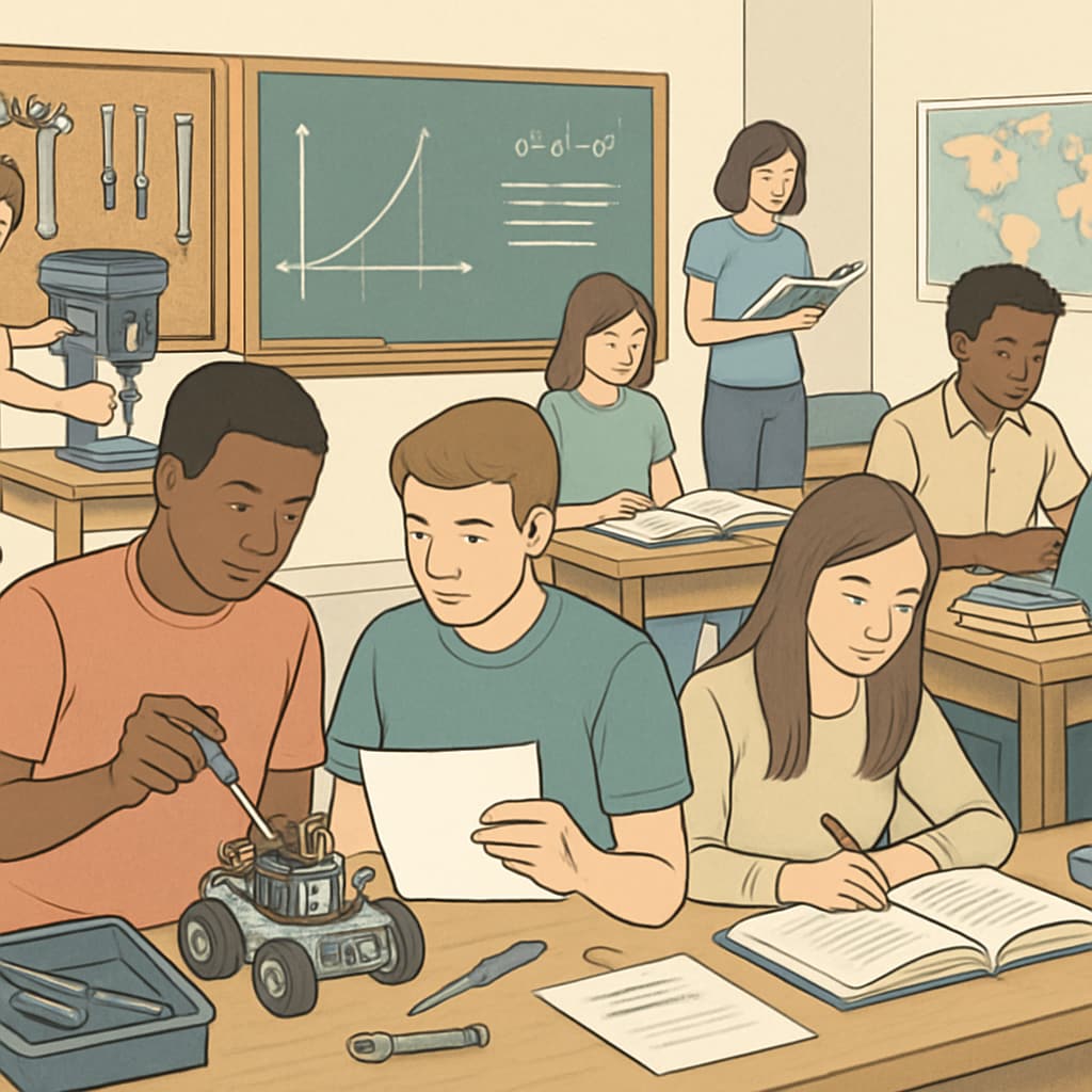 A classroom where students are working on both technical projects and academic assignments side-by-side, illustrating the integration of CTE with traditional subjects. Students collaborating on technical and academic projects, blending CTE with traditional subjects.