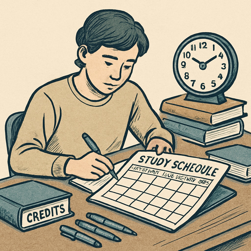 A student using a planner to organize their study schedule, emphasizing the importance of time management in catching up on credits. Student using a planner to manage study schedule and recover high school credits