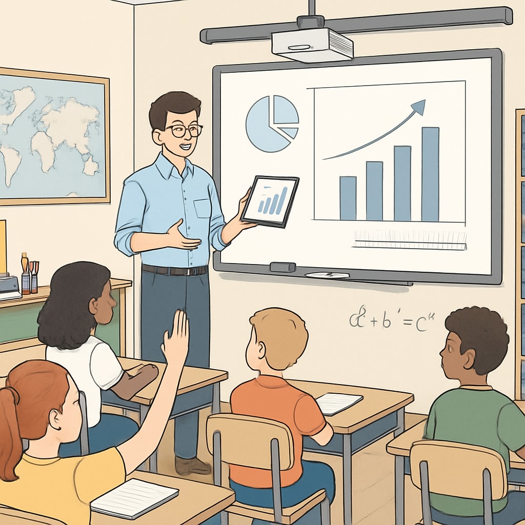 A teacher using interactive tools like a tablet or projector to engage students in a modern classroom setting. Engaged students in a classroom with modern teaching tools, highlighting solutions to boredom.
