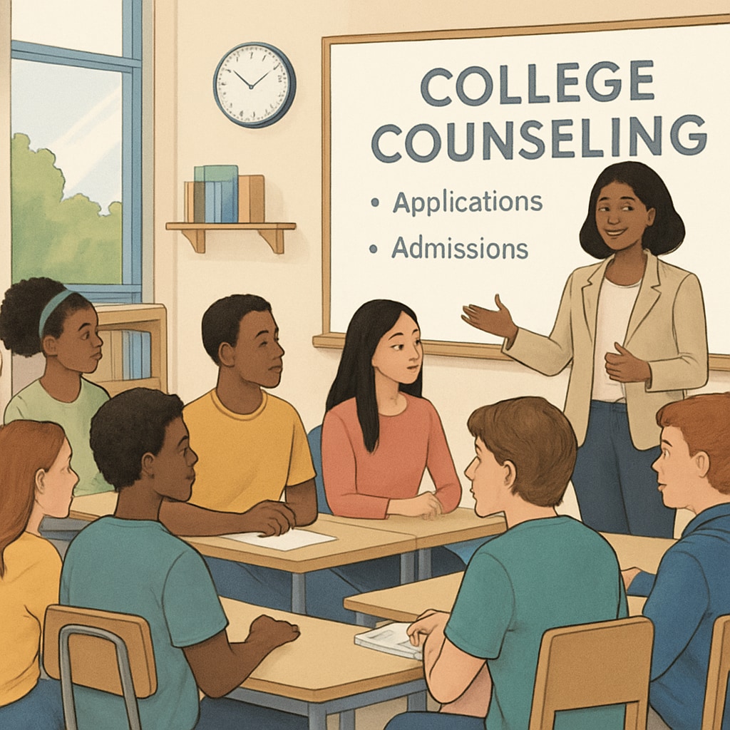 A classroom filled with diverse high school students engaged in a college counseling session. High school students in a college counseling session discussing readiness for UC San Diego.