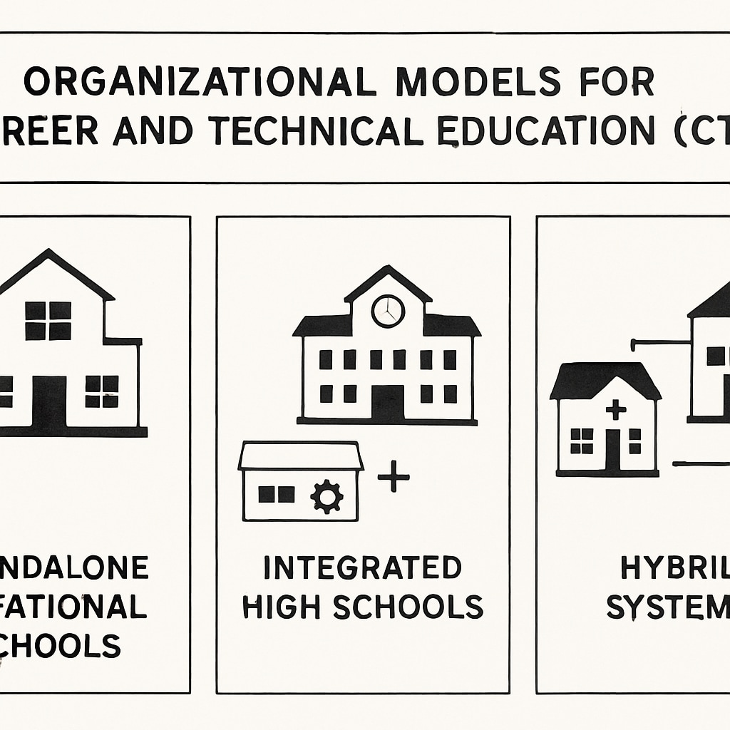 A diagram showcasing organizational models for CTE in school districts, including standalone vocational schools, integrated high schools, and hybrid systems. Diagram illustrating different organizational models for CTE in school districts.