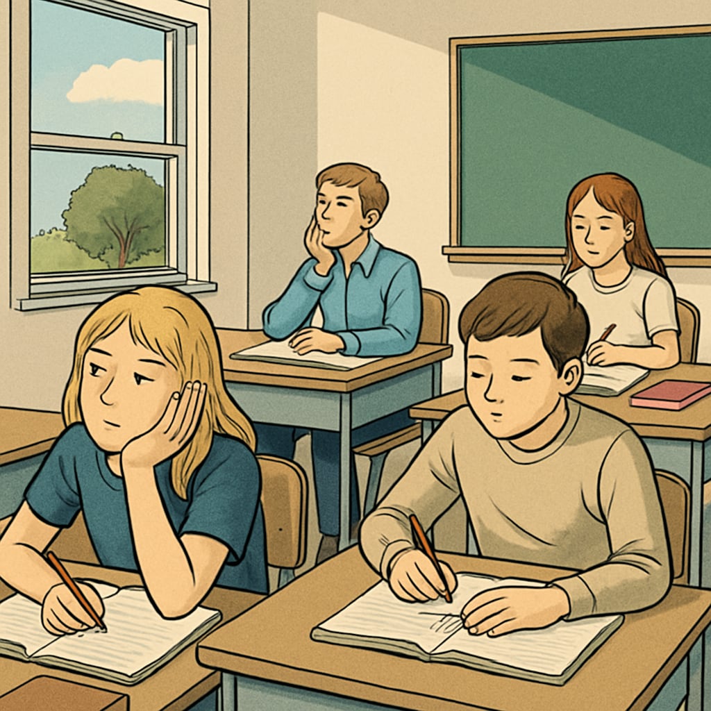 A classroom setting with disengaged students, some staring out the window, others doodling in their notebooks. Students showing signs of boredom in a classroom environment.