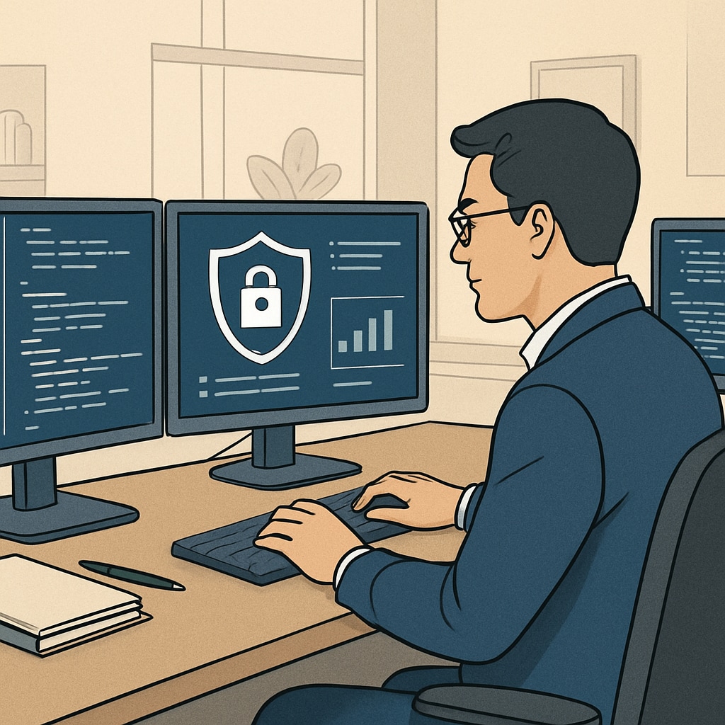 A professional working on cybersecurity tasks in a modern office setting, surrounded by multiple monitors displaying code and security data. Cybersecurity professional analyzing data on multiple monitors.
