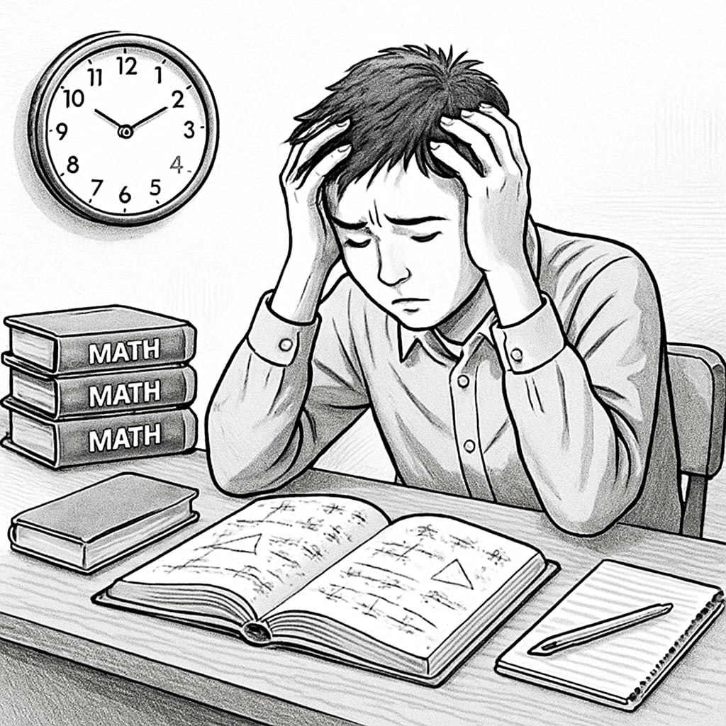 A high school student sitting at a desk holding their head, surrounded by math textbooks and a clock. The image highlights exam stress and the weight of preparation. High school student stressed over math exam with books and clock nearby.
