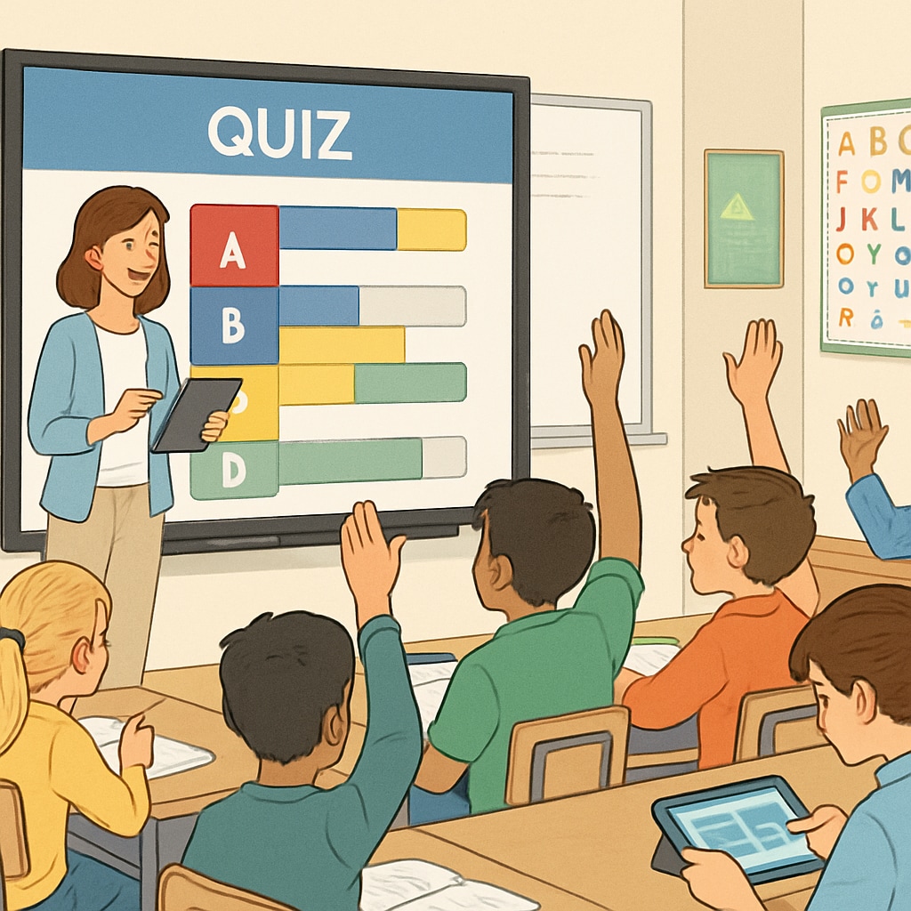 A teacher using a digital quiz tool in a classroom setting with students engaged. Teacher using quiz resources and teaching tools in the classroom.