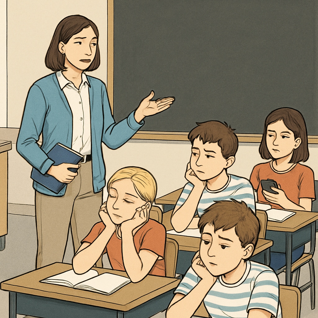 A teacher standing at the front of the classroom while students appear distracted, illustrating disengagement. A disengaged classroom where students are inattentive to the teacher.