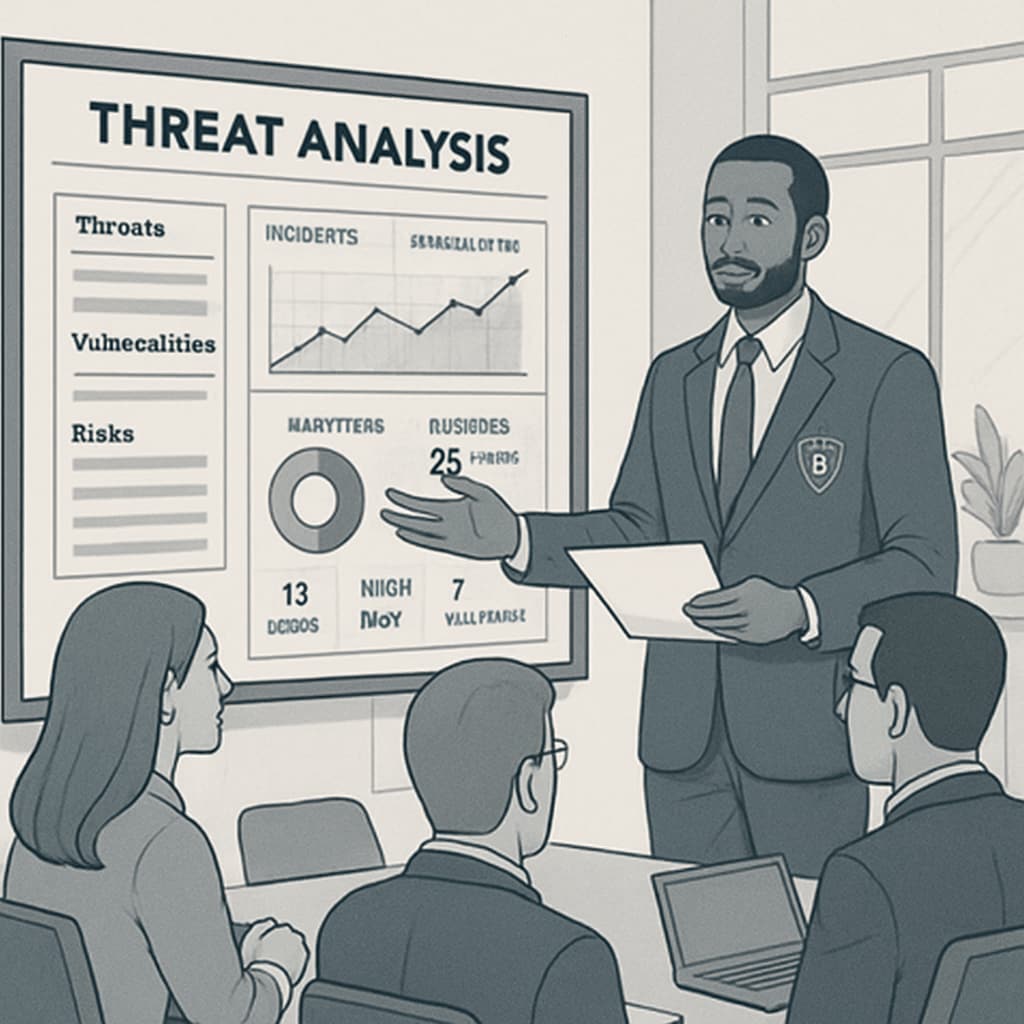 A cybersecurity professional presenting data on a screen during a team meeting, highlighting a threat analysis chart. Cybersecurity expert presenting a threat analysis chart to colleagues.