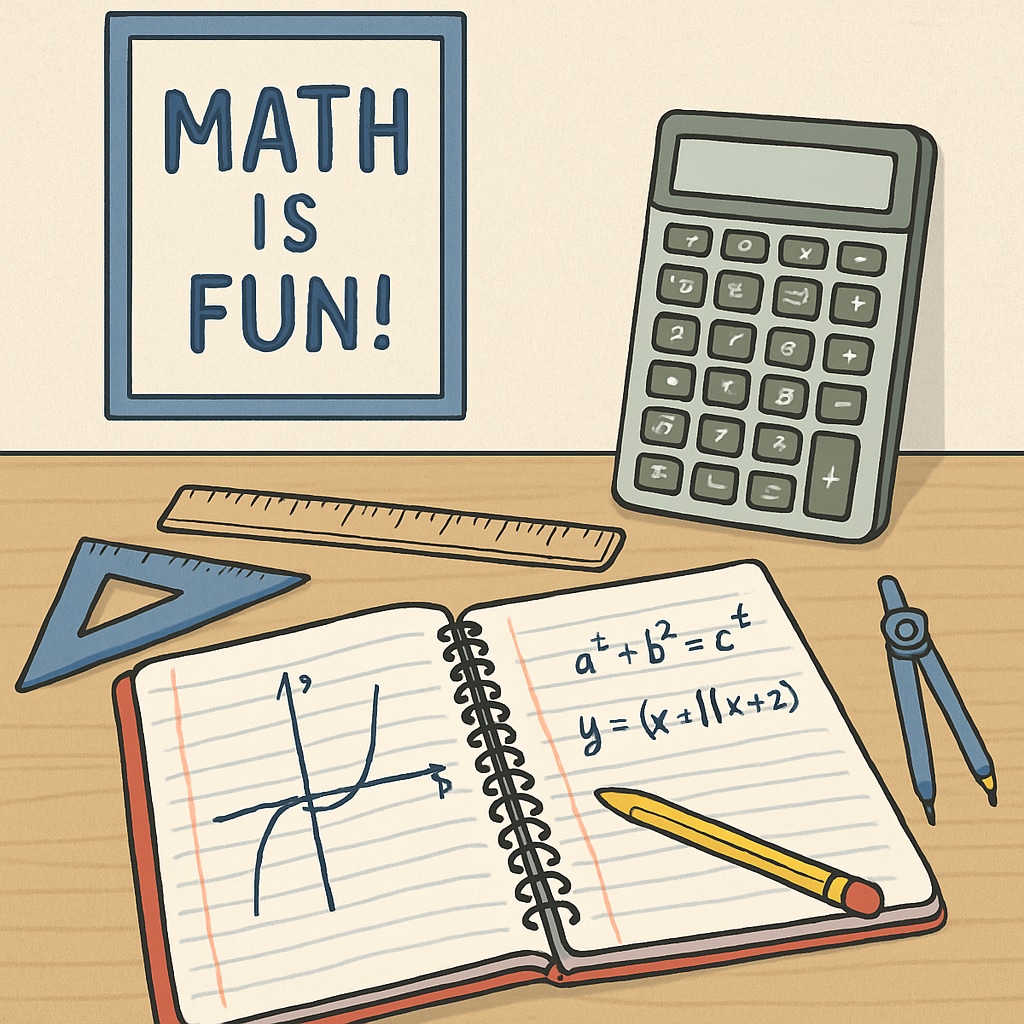 An organized study desk with math tools, including a calculator, notebook, and a motivational poster. The image represents a productive study environment. Study desk with math tools promoting a stress-free learning setup.