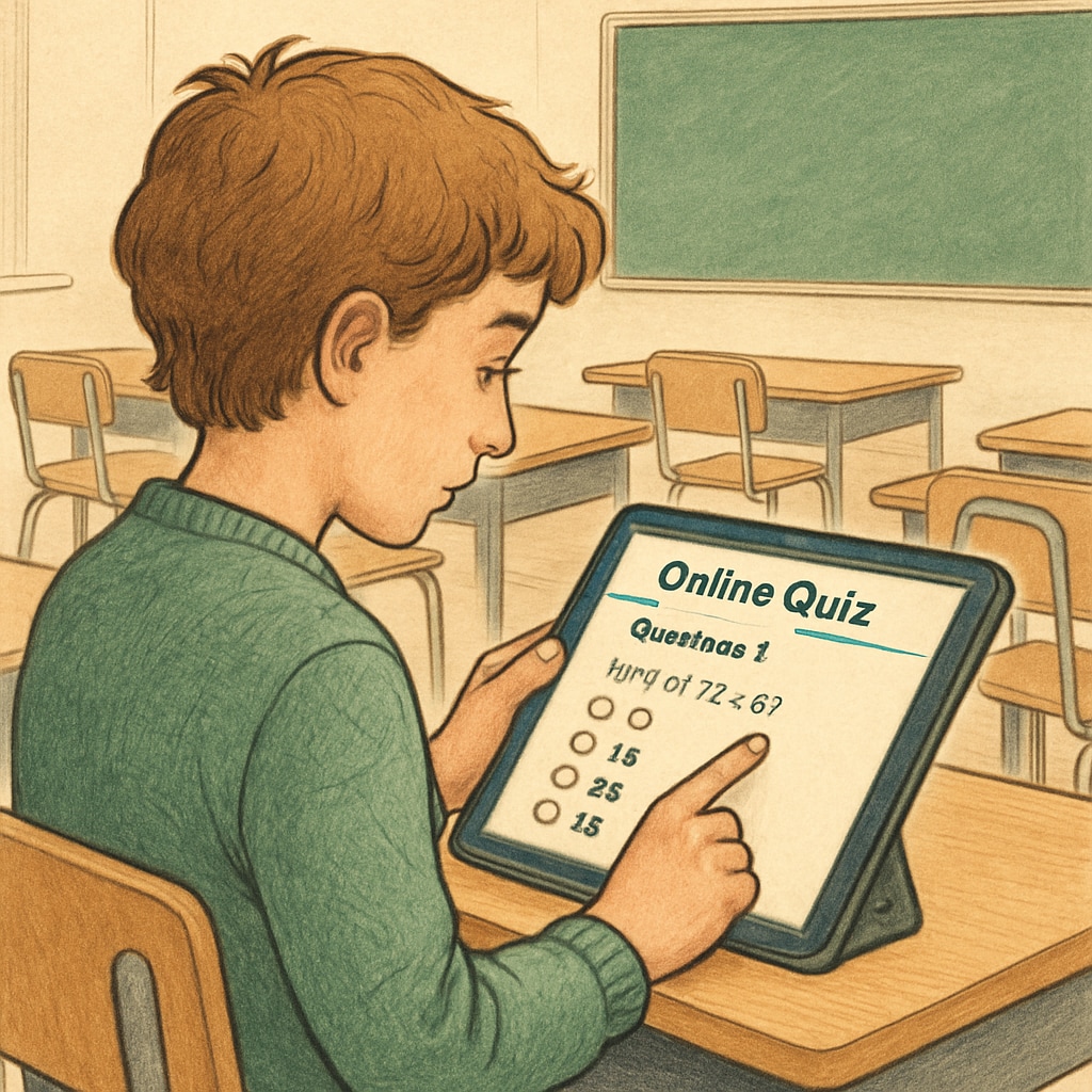A student completing an online quiz on a tablet in a classroom. Student using an online quiz resource for learning assessment.