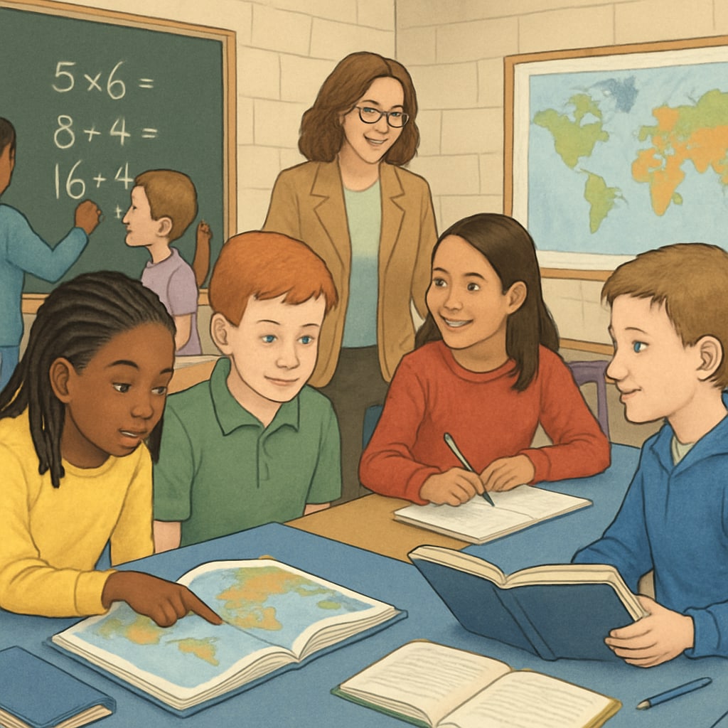 A classroom setting with students engaged in collaborative learning, highlighting diverse educational experiences. Students collaborating in a classroom, demonstrating diverse learning styles and outcomes.