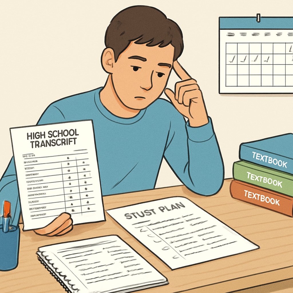 A high school student reviewing their transcript and making a study plan to recover lost credits. Student planning high school credit recovery.