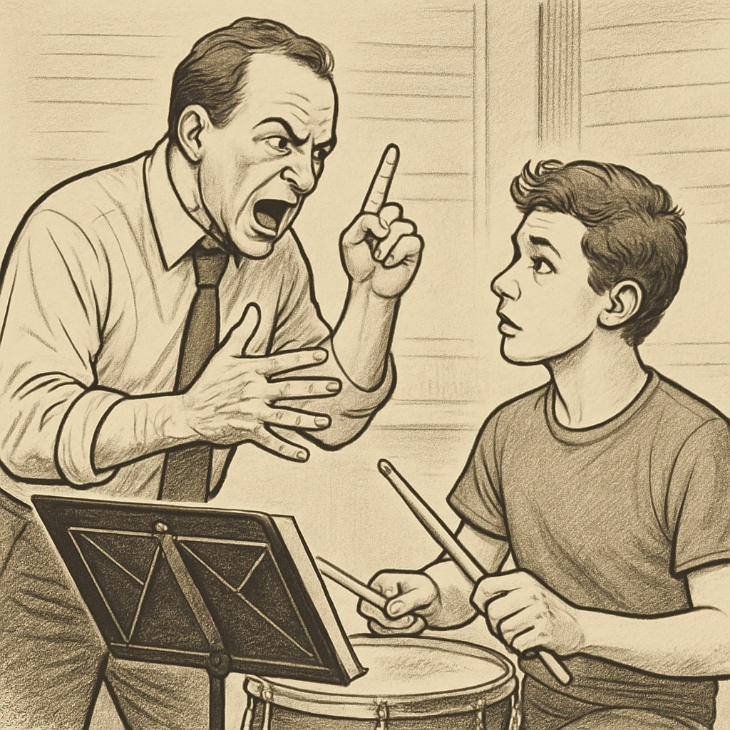 Teacher pushing student to excel in music rehearsal, extreme education methods.