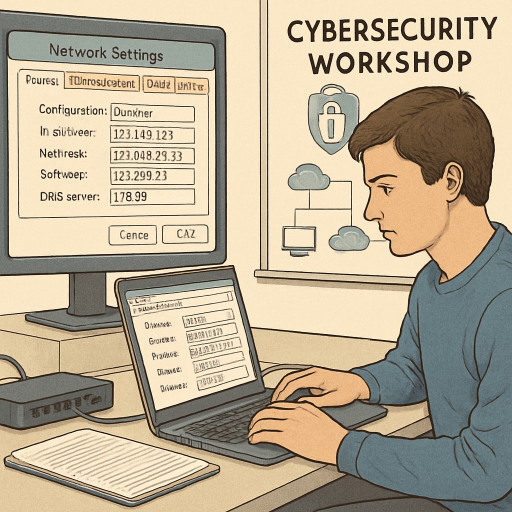 A close-up of a student working on network configurations during a cybersecurity workshop. Student configuring networks during a cybersecurity workshop, emphasizing practical skills.