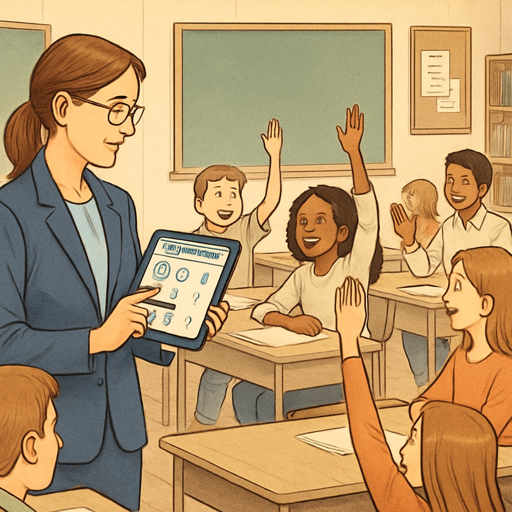A teacher using a tablet to track student participation in a classroom discussion, symbolizing real-time engagement monitoring. Teacher using technology to monitor student engagement in real-time.