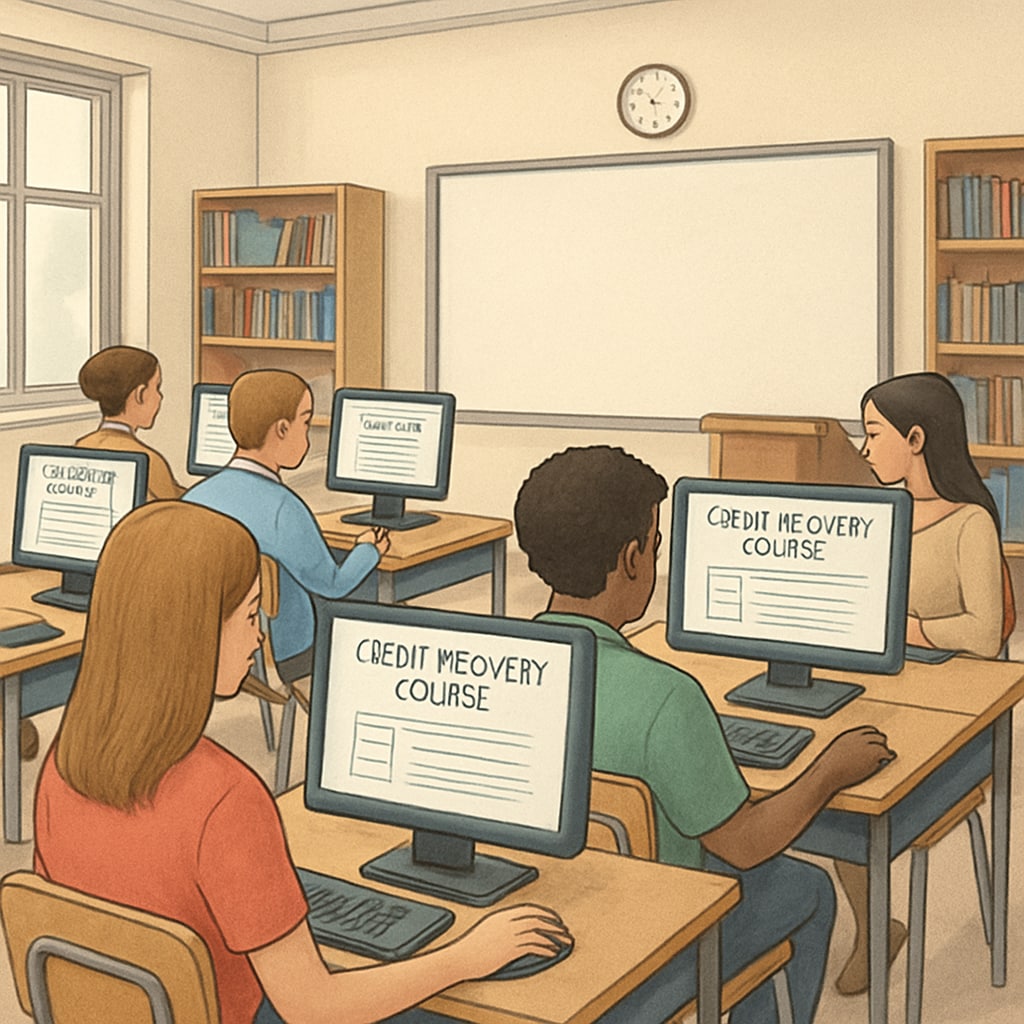 Students in a classroom using computers for online credit recovery courses. High school students participating in online credit recovery programs.