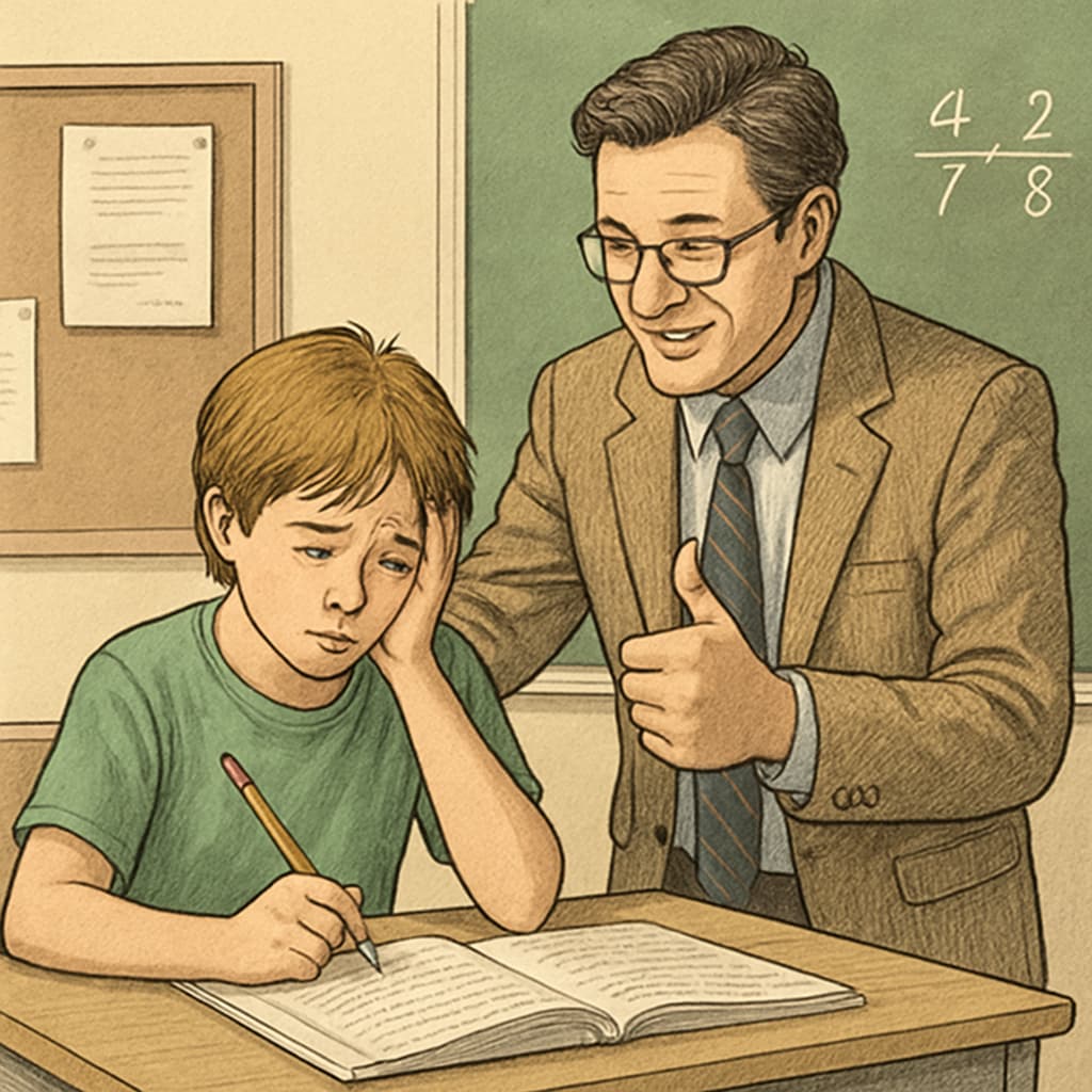 Teacher encouraging student during a lesson, emphasizing compassionate education.
