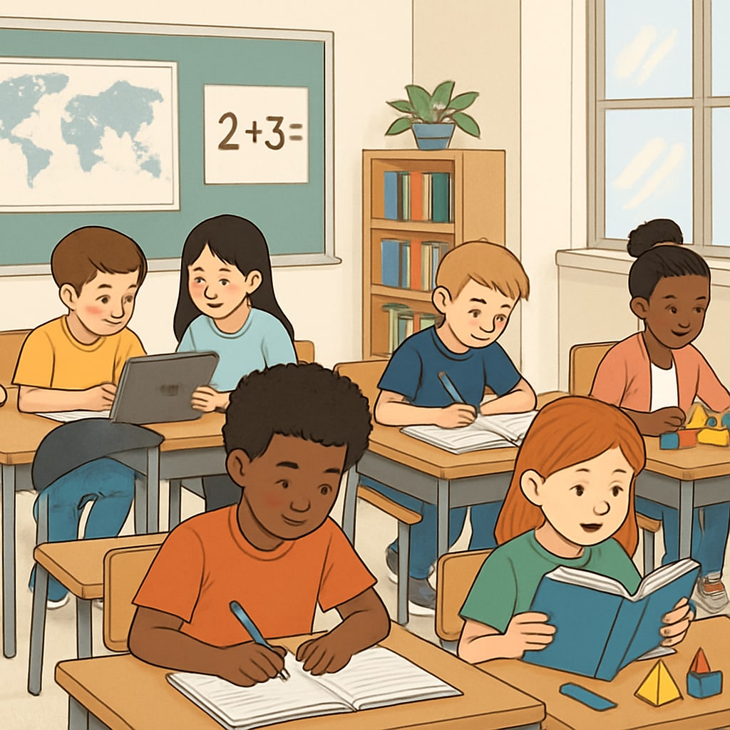 A classroom setting with students actively engaged in learning activities, reflecting diverse ways of understanding and participation. Students engaging in classroom activities to showcase diverse learning styles.