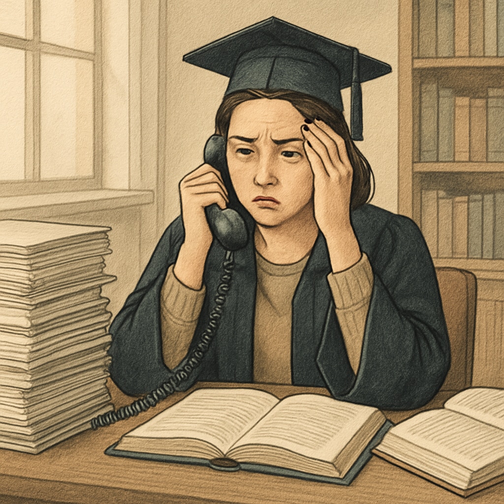 A graduate student sitting at a desk, surrounded by paperwork, looking frustrated while attempting to contact a school counselor for an academic interview. Graduate student frustrated while trying to contact school counselors for interviews.