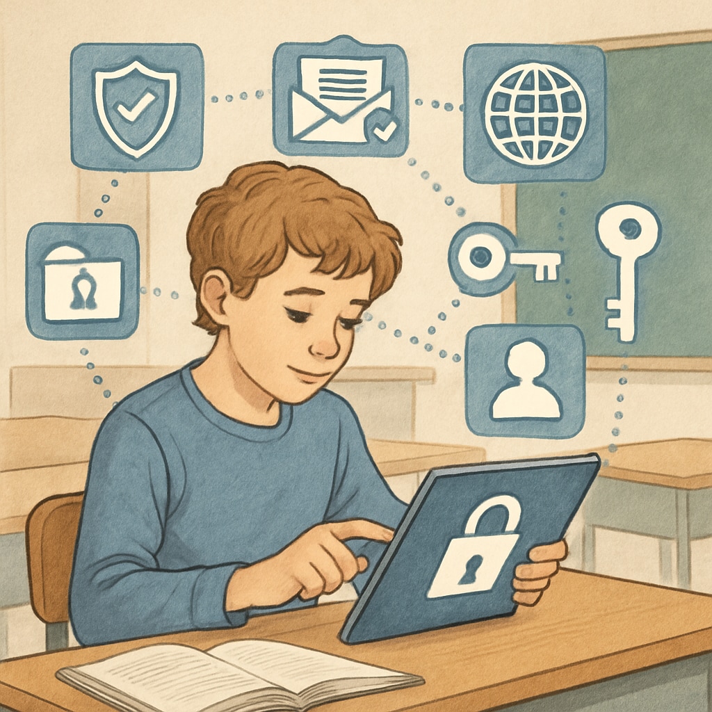 A young student using a tablet in a classroom setting, with an overlay of digital security icons. A student using a tablet alongside digital security concepts, related to age verification, VPNs, and UK laws.