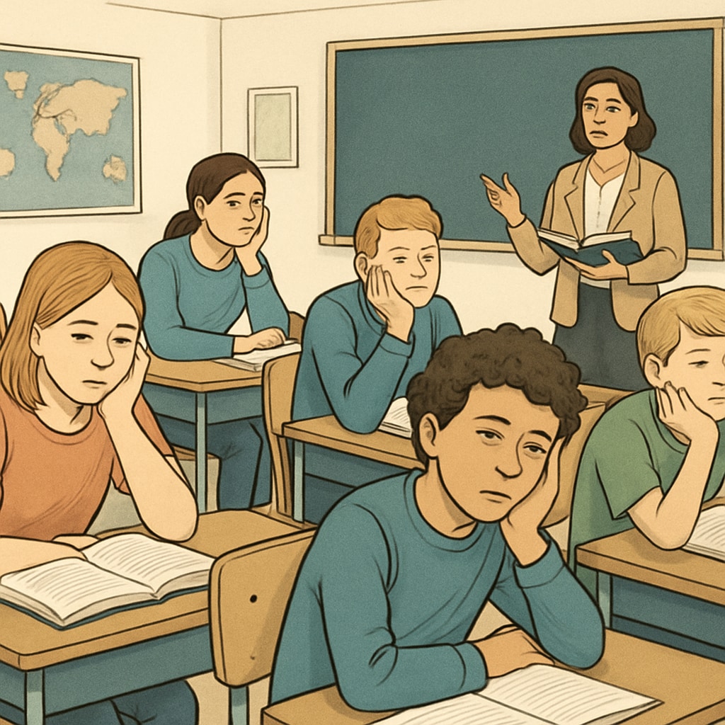 A classroom of disengaged students looking bored, representing the issue of boredom in education. Students looking bored in a classroom, symbolizing disengagement in education.