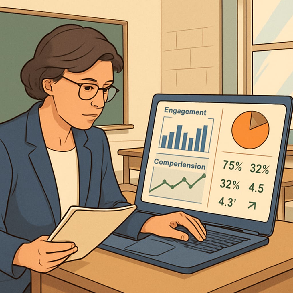 A teacher analyzing data on a digital platform that tracks student engagement and comprehension in real-time. Teacher reviewing data on student engagement and learning comprehension using technology.