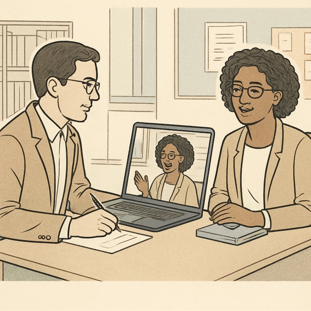 A researcher conducting a virtual interview with a school counselor using a laptop, both participants appearing engaged and focused. Researcher and school counselor engaged in a virtual interview.