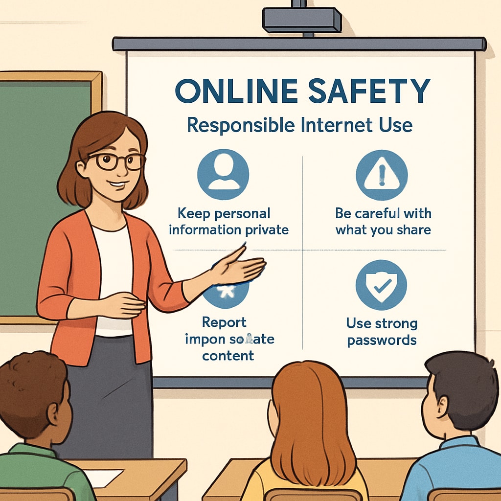 A teacher guiding students through an online safety presentation, with a focus on responsible internet use. A teacher explaining online safety to students, emphasizing responsible internet use and age verification laws.