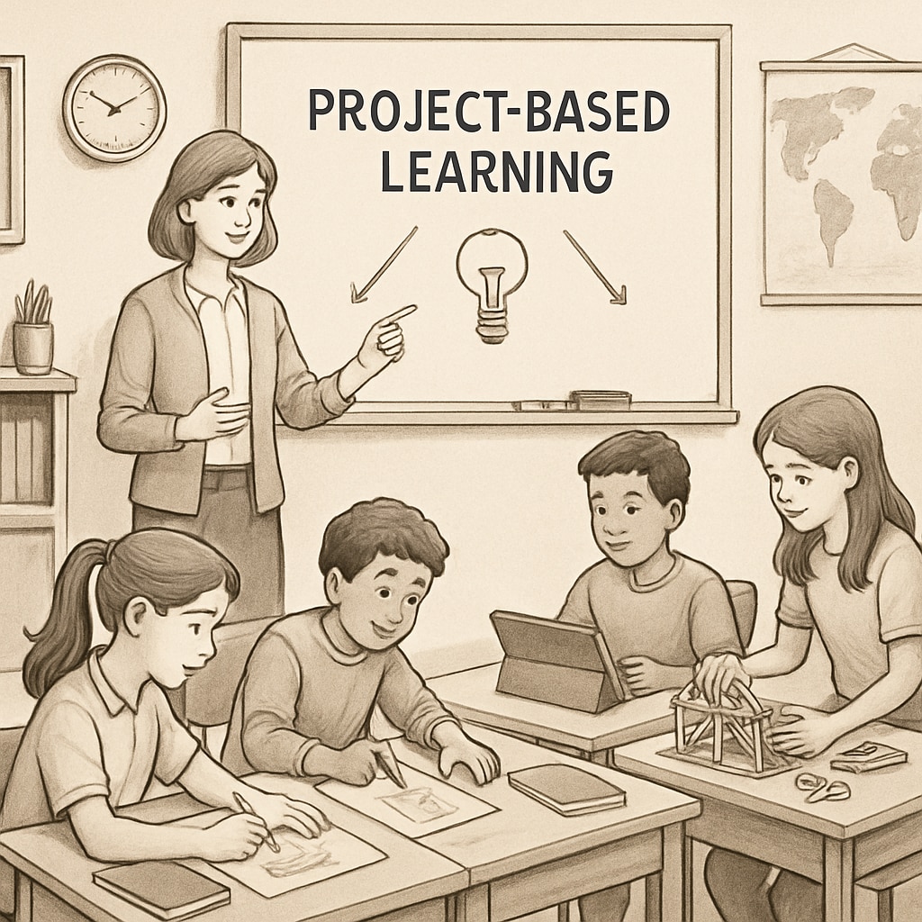 A teacher conducting a project-based learning session with engaged students actively participating. A teacher leading a project-based session with students, symbolizing engaging teaching methods.