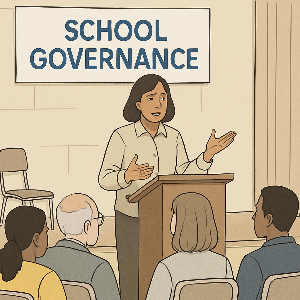 A concerned parent speaking at a community meeting about school governance. Concerned parent at a community meeting discussing school board concerns.