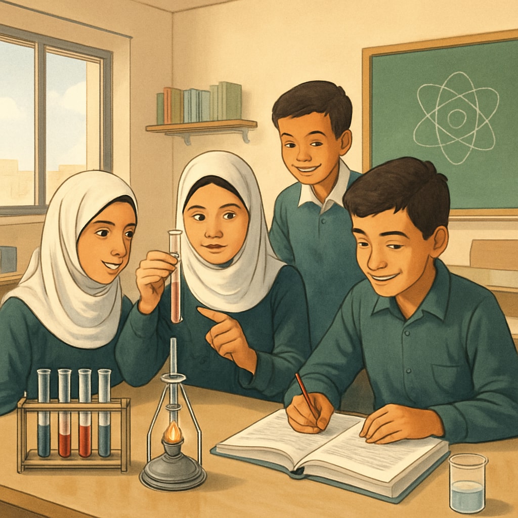 A classroom in Gaza with students engaged in a science experiment, symbolizing hope through education. Students in Gaza performing a science experiment, representing progress in education.