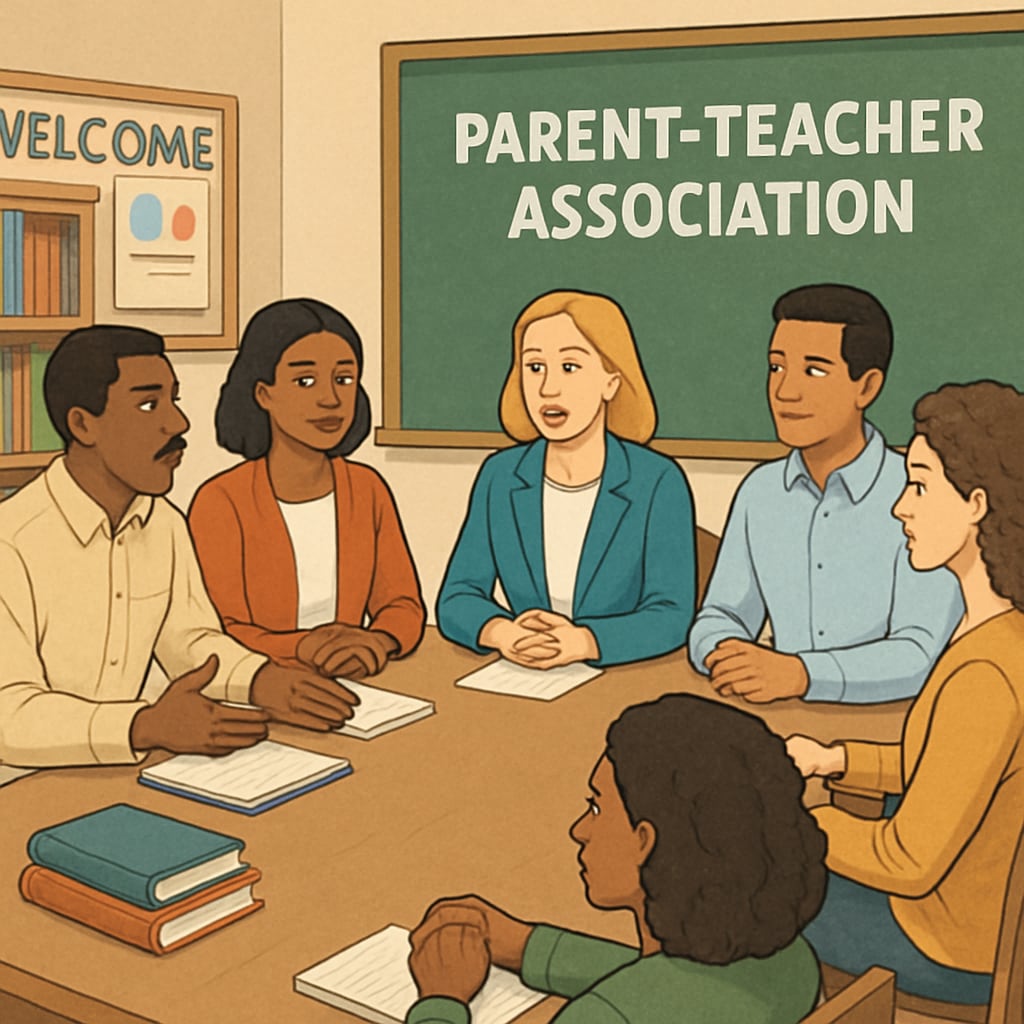 A parent-teachers association meeting discussing ethical concerns and solutions for school board leadership. Parents and teachers discussing concerns about school board ethics in a structured meeting.