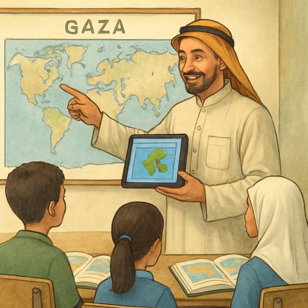 A teacher in Gaza using a digital device to explain a geography lesson, showcasing technology in education. A teacher in Gaza leveraging technology for a geography lesson, highlighting innovative teaching methods.