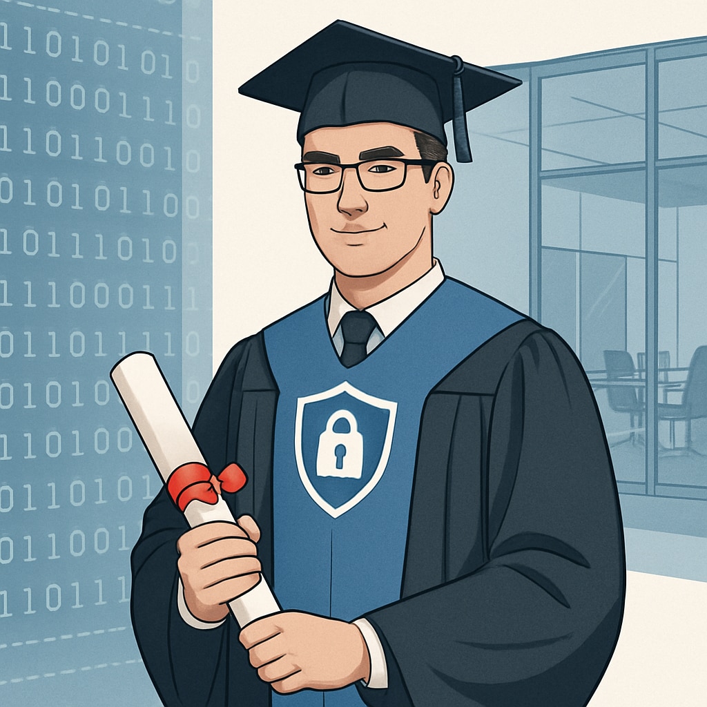 A university graduate in cybersecurity attire holding a diploma, with a backdrop of digital code and a corporate office setting. A cybersecurity graduate with diploma symbolizing the link between education and career success.
