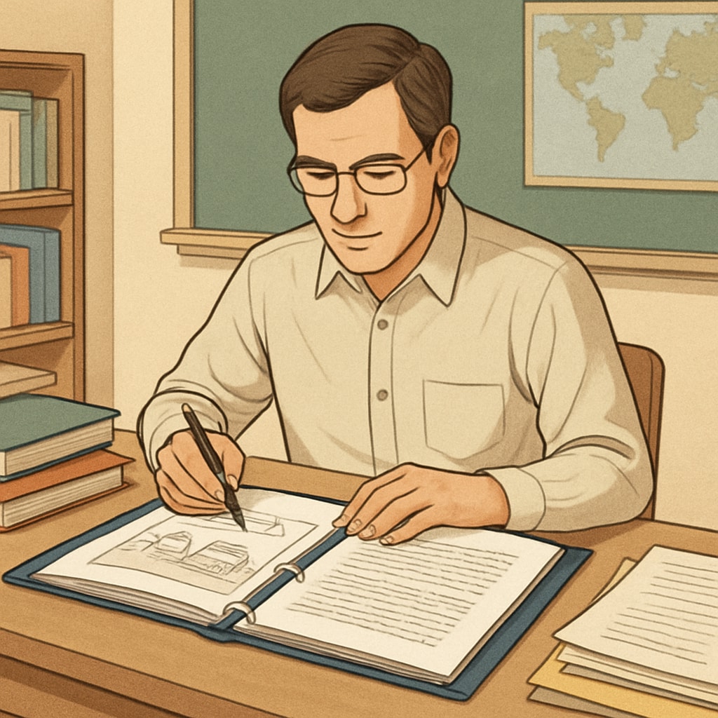 A teacher reviewing a student’s portfolio to demonstrate portfolio-based assessment as an alternative to grades. Teacher reviewing a portfolio as part of holistic learning evaluation.