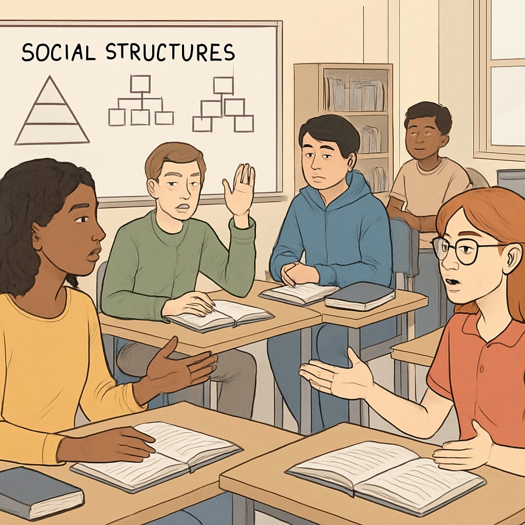A diverse classroom where students are engaged in a discussion about social structures. Students discussing social structures in a classroom setting, relevant to social mobility education.