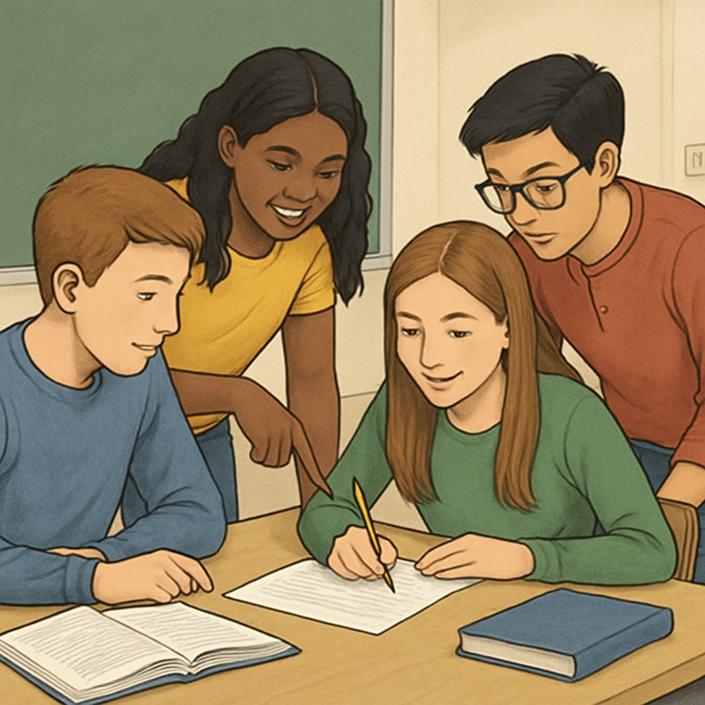 Students collaborating on a project, illustrating teamwork and real-world problem-solving in modern education. Students working together on a project in a holistic evaluation system.