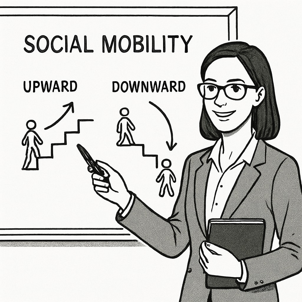 A teacher using a whiteboard to explain upward and downward social mobility in society. Teacher illustrating social mobility concepts on a whiteboard in a classroom.