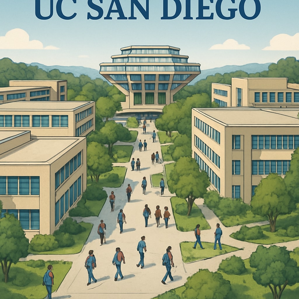 A sprawling UC San Diego campus with students walking between buildings, representing the university's growth ambitions. UC San Diego campus showcasing its expansion goals for higher education.