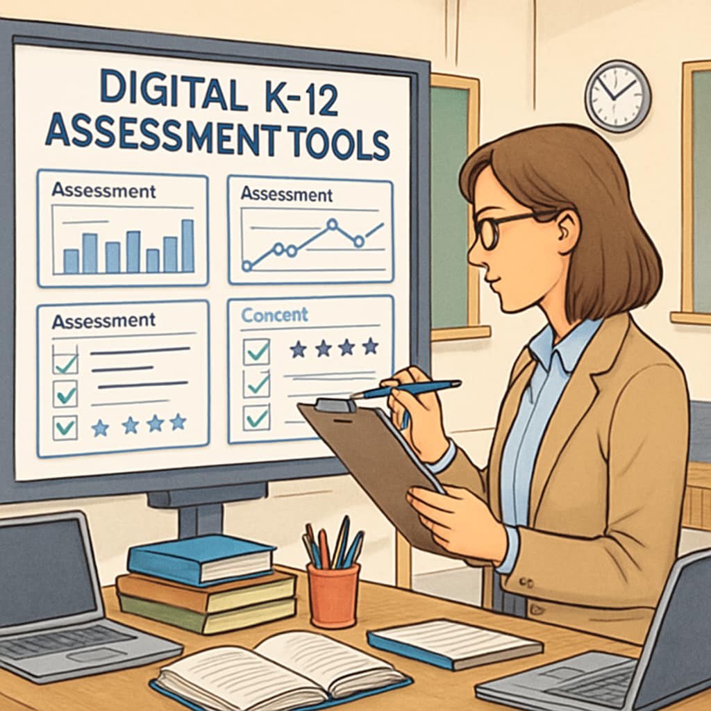 A teacher analyzing various digital K12 assessment tools in a classroom setting. A teacher reviewing K12 assessment resources on a digital platform.