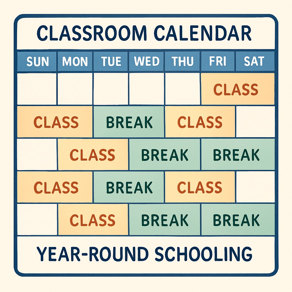 A classroom calendar showing alternating weeks of classes and breaks to demonstrate year-round schooling. Year-round schooling calendar showing alternating weeks of classes and breaks.